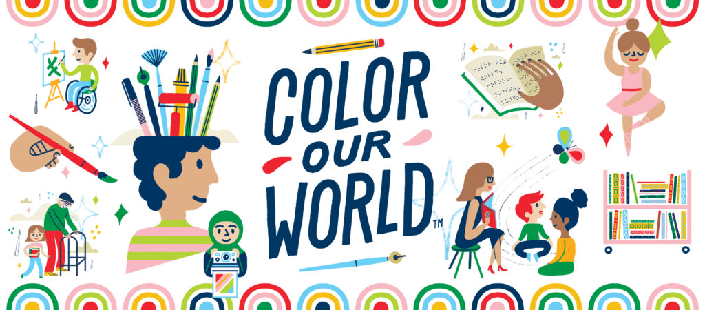 colorful drawing of various art materials and rainbows