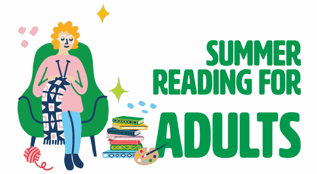 hand drawing of a woman sitting in a green chair knitting with a stack of books by her side