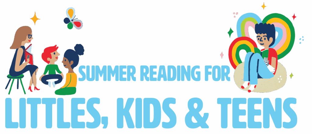 hand drawing of woman siting on stool reading a book to two children, and a teenage boy sitting in a beanbag reading a book